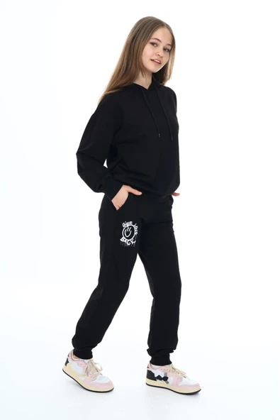 Kız Çocuk Arkası Baskılı Kapüşonlu 2 İplik Eşofman Takım Px 5051 - 5