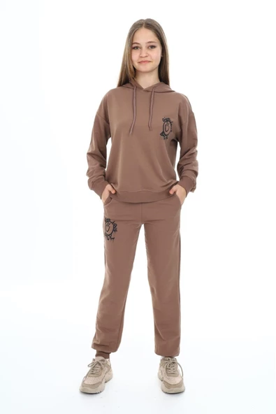 Kız Çocuk Arkası Baskılı Kapüşonlu 2 İplik Eşofman Takım Px 5051 - 8