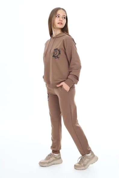 Kız Çocuk Arkası Baskılı Kapüşonlu 2 İplik Eşofman Takım Px 5051 - 7