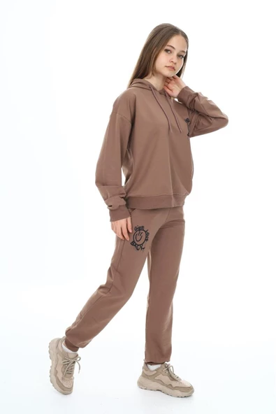 Kız Çocuk Arkası Baskılı Kapüşonlu 2 İplik Eşofman Takım Px 5051 - 9