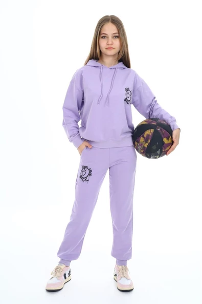 Kız Çocuk Arkası Baskılı Kapüşonlu 2 İplik Eşofman Takım Px 5051 - 10