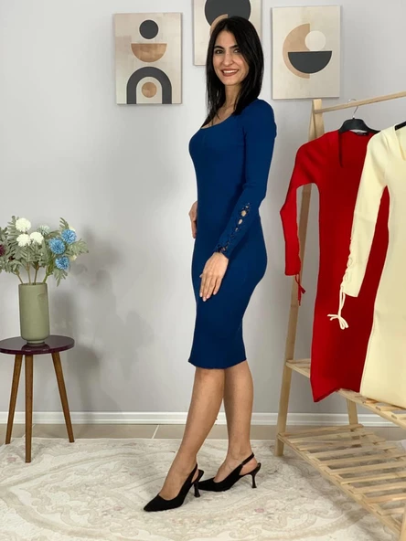 Kadın Uzun Kol Fitted Kol Büzgülü Triko Elbise (Lacivert) - 2