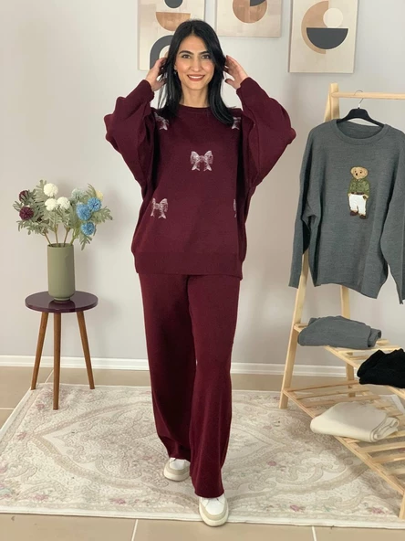 Kadın Uzun Kol Fiyonk Nakışlı Bisiklet Yaka Triko Kazak Pantolon Takım (Bordo) - 3