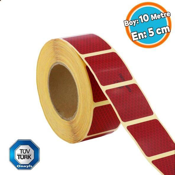 Tüvtürk Onaylı Kırmızı Kesik Reflektörlü Bant Gece Parlayan En 5 cm 10 Mt İkaz Fosforlu Reflektif ürün görseli