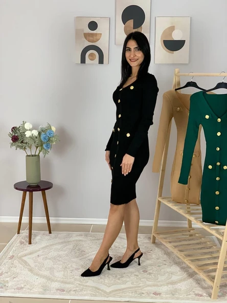 Kadın Uzun Kol Düğme Detaylı Fitted Ön Yırtmaçlı Triko Elbise (Siyah) - 2