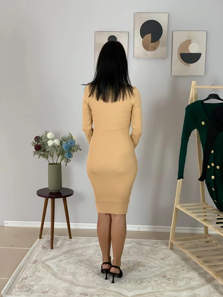 Kadın Uzun Kol Düğme Detaylı Fitted Ön Yırtmaçlı Triko Elbise (Bal) - 6