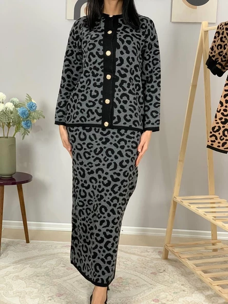 Kadın Leopar Desenli Etek Hırka Triko Takım (Siyah) - 3