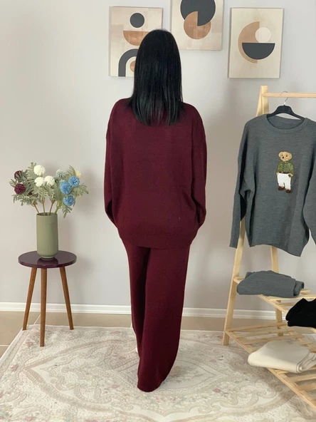 Kadın Uzun Kol Fiyonk Nakışlı Bisiklet Yaka Triko Kazak Pantolon Takım (Bordo) - 5