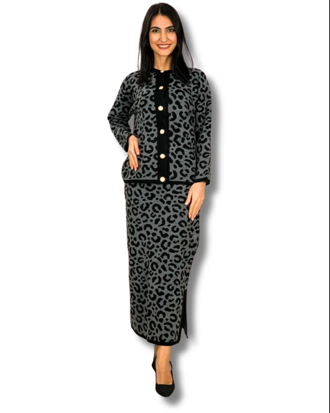 Kadın Leopar Desenli Etek Hırka Triko Takım (Siyah)