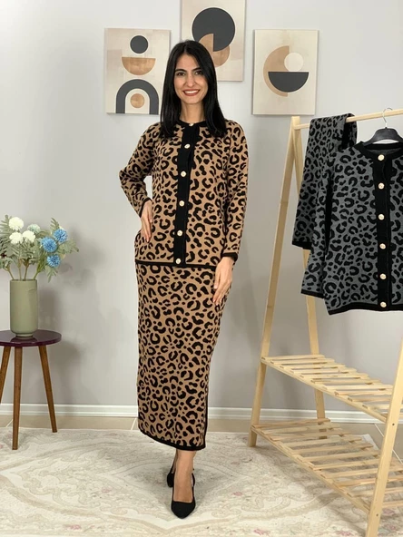 Kadın Leopar Desenli Etek Hırka Triko Takım (Taba) - 2