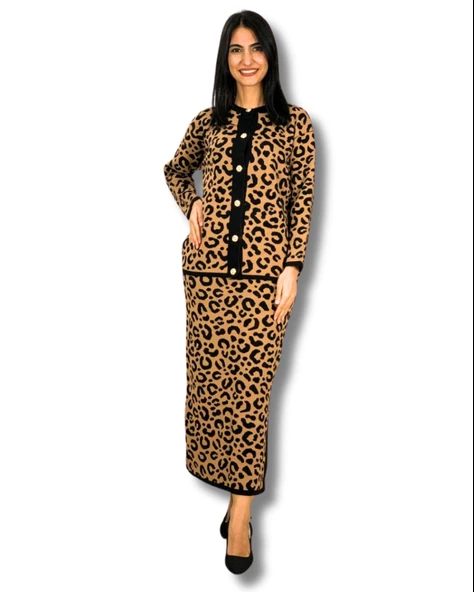 Kadın Leopar Desenli Etek Hırka Triko Takım (Taba)