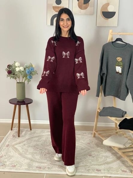 Kadın Uzun Kol Fiyonk Nakışlı Bisiklet Yaka Triko Kazak Pantolon Takım (Bordo) - 6