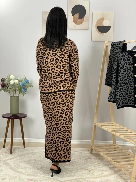 Kadın Leopar Desenli Etek Hırka Triko Takım (Taba) - 3