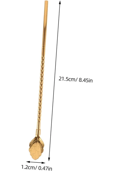 6'lı Paslanmaz Gold Pipetli Latte Kaşığı Kokteyl Kaşığı Ve Temizleme Fırçası, 22 Cm Yaprak Model - Resim 2