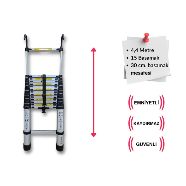 Endokon 440 cm. - 15  Basamaklı Kancalı Teleskopik Merdiven - I Tipi Uzayan Merdiven - 3