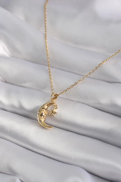 316L Çelik Gold Renk Zirkon Taşlı Ay Yıldız Model Kadın Kolye - TJ-BKO8346 - 2