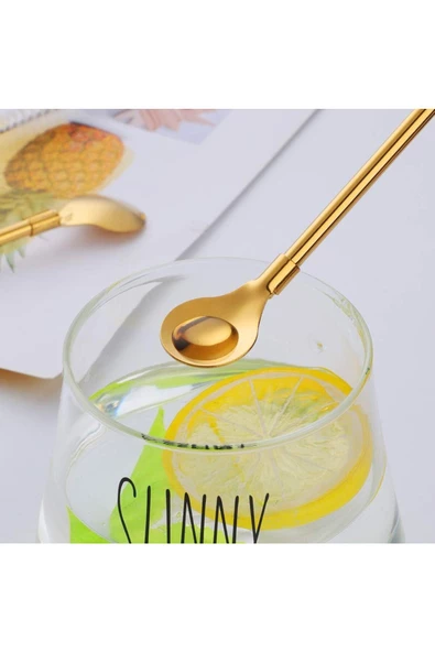 6'lı Gold Pipetli Latte Kaşığı Kokteyl Kaşığı Ve Temizleme Fırçası, 22 Cm Yuvarlak Model - 6
