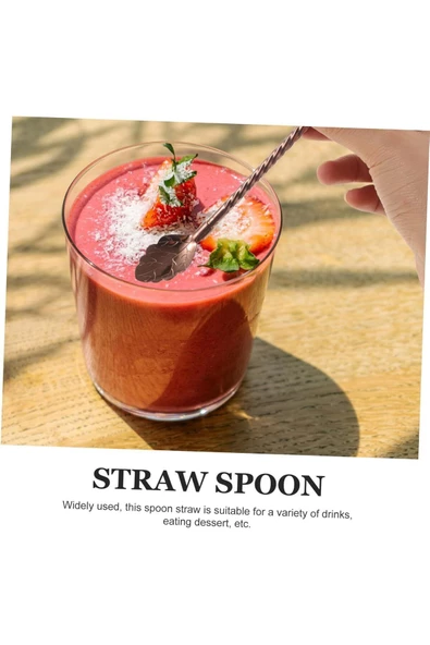 6'lı Bronz Pipetli Latte Kaşığı Kokteyl Kaşığı Ve Temizleme Fırçası, 22 Cm Yaprak Model - Resim 4