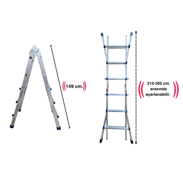 Endokon 300 cm. 10 Basamak A ve I Tipi Katlanıp Uzayabilen Mini Dev Alüminyum Merdiven - 6