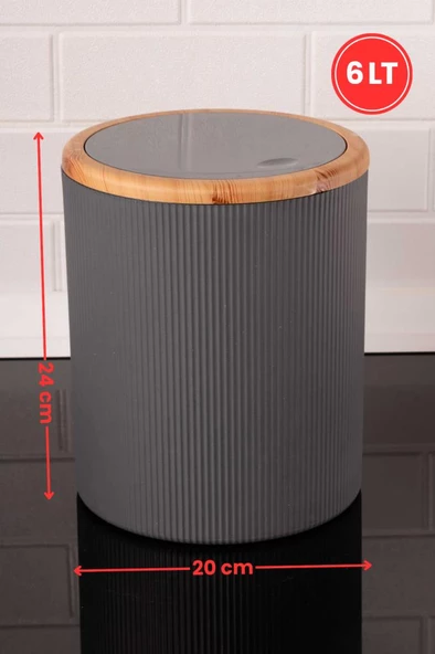 Sallanır Kapaklı ve Bambu Desen Detaylı Banyo ve Mutfak Tezgah Üstü Çöp Kovası 6 lt Gri - 3