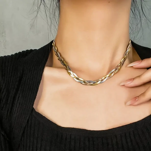 Vintage Boho Model 3 Renk Altın kaplama 316L Paslanmaz Çelik Şık Tasarım Parlak Bileklik Kolye Set - Resim 2