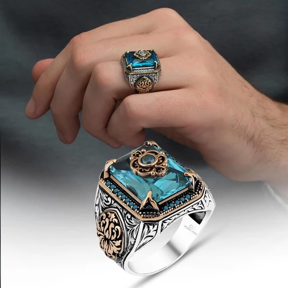 Mavi Zirkon Taşlı  Gümüş Yüzük - 7