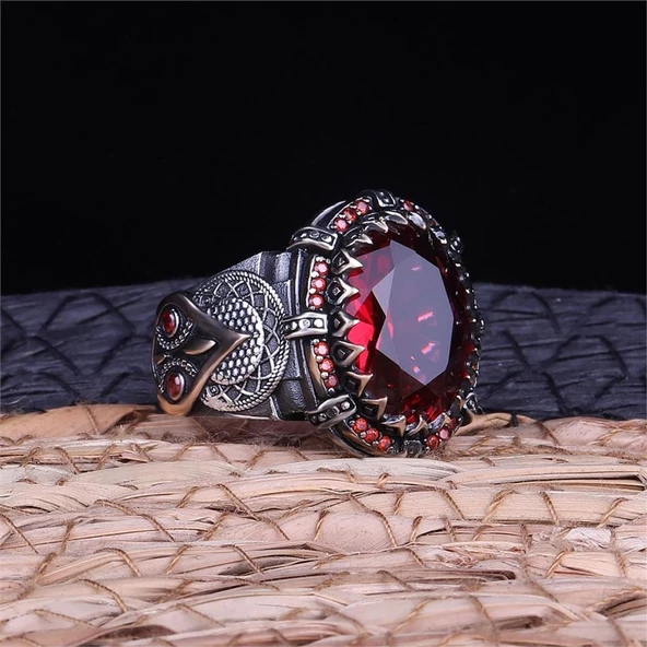 Kırmızı Zirkon Taşlı  Gümüş Yüzük - Resim 3