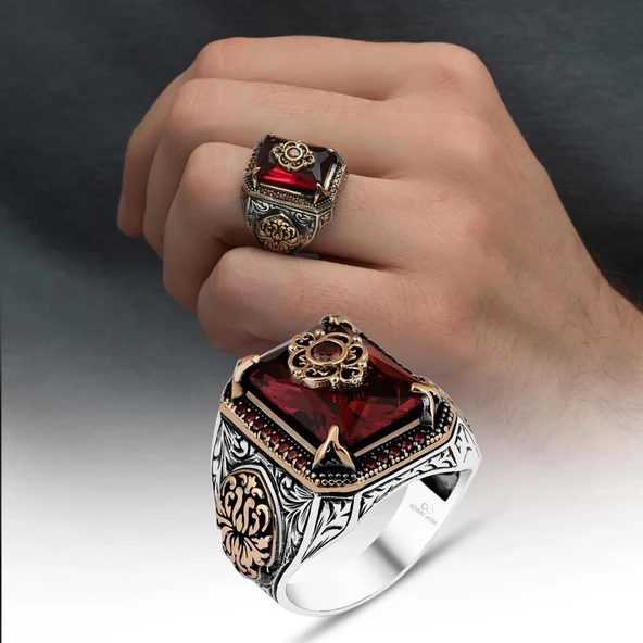 Kırmızı Zirkon Taşlı 925 Gümüş Yüzük - Resim 7