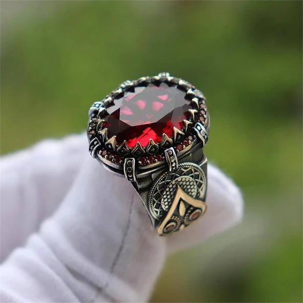 Kırmızı Zirkon Taşlı  Gümüş Yüzük - Resim 4