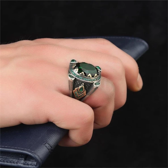 Yeşil Topaz Taşlı  Gümüş Erkek Yüzük - Resim 6