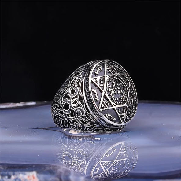 Mührü Süleyman Motifli  Gümüş Erkek Yüzük - Resim 2