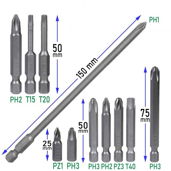 Klytek Matkap Bits Uç Vidalama Ucu Düz Yıldız Torx Uç (11 Parça) - 2