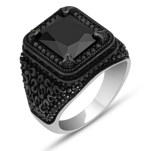 Siyah Zirkon Taşlı Mikro Taş İşlemeli  Gümüş Erkek Yüzük - Resim 4