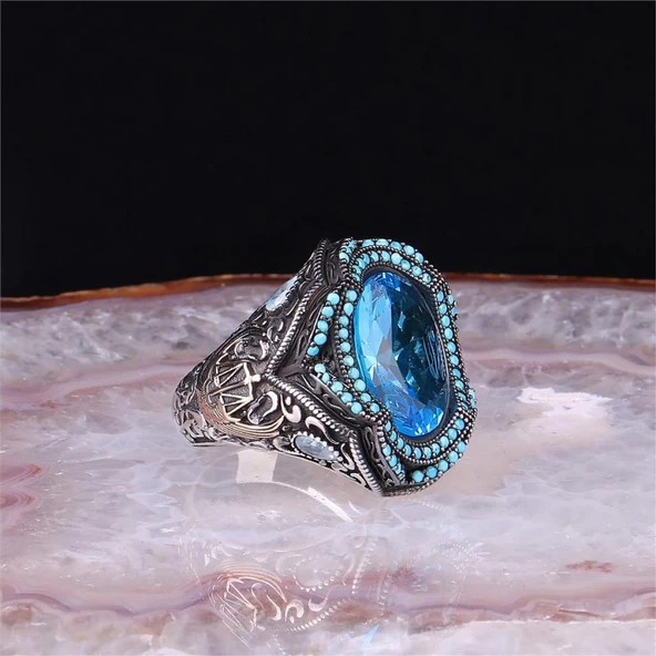 Aqua Mavisi Taşlı Gümüş Erkek Yüzük