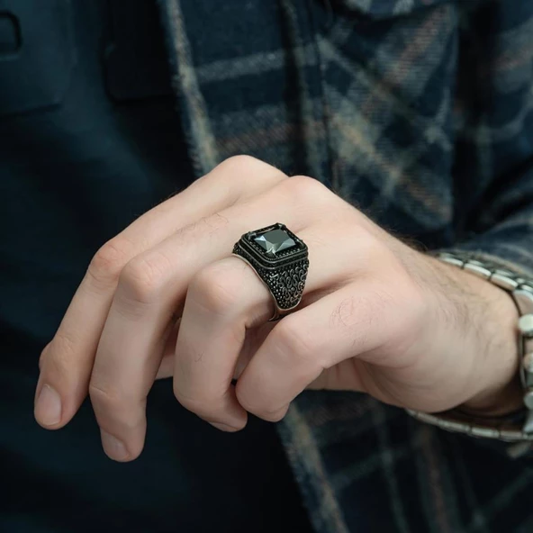 Siyah Zirkon Taşlı Mikro Taş İşlemeli  Gümüş Erkek Yüzük - Resim 7