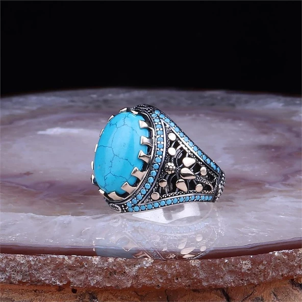 Mavi Taşlı Gümüş Erkek Yüzük - Resim 2