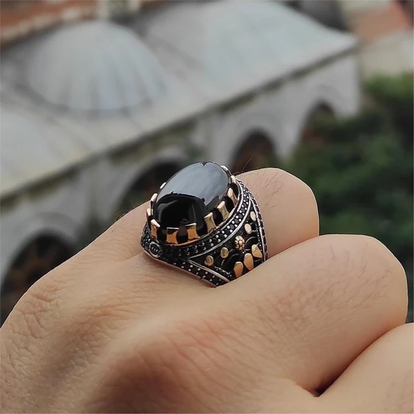 Siyah Taşlı  Gümüş Erkek Yüzük - Resim 2