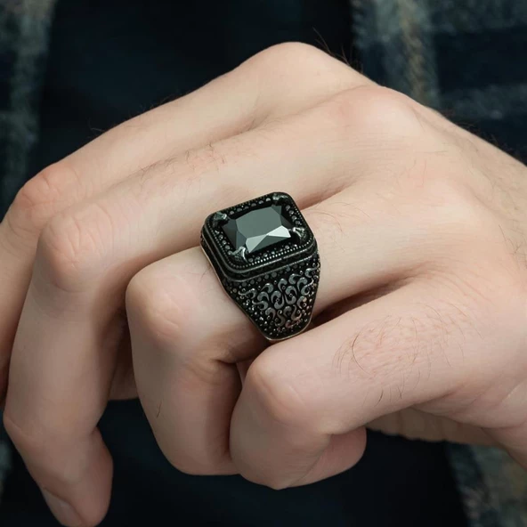 Siyah Zirkon Taşlı Mikro Taş İşlemeli  Gümüş Erkek Yüzük - Resim 5