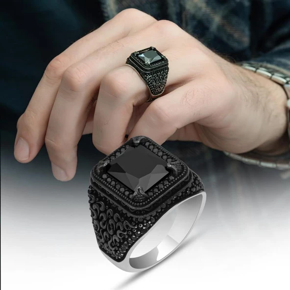 Siyah Zirkon Taşlı Mikro Taş İşlemeli  Gümüş Erkek Yüzük - Resim 3