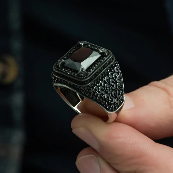 Siyah Zirkon Taşlı Mikro Taş İşlemeli  Gümüş Erkek Yüzük - Resim 6