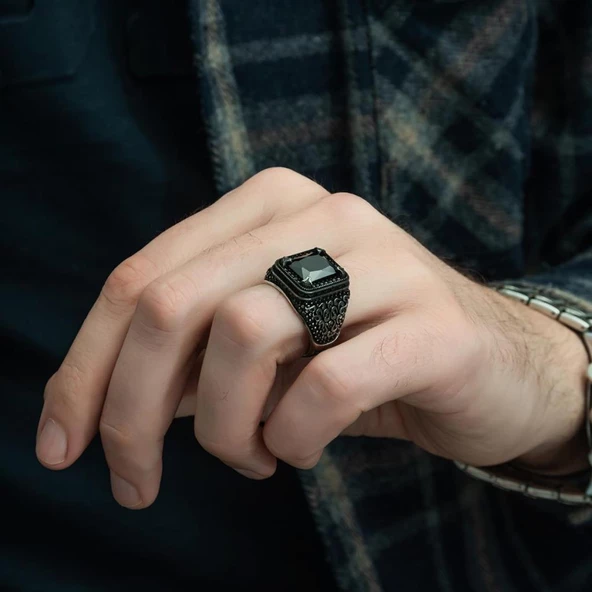 Siyah Zirkon Taşlı Mikro Taş İşlemeli  Gümüş Erkek Yüzük - Resim 8