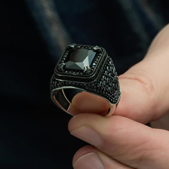 Siyah Zirkon Taşlı Mikro Taş İşlemeli  Gümüş Erkek Yüzük - Resim 9