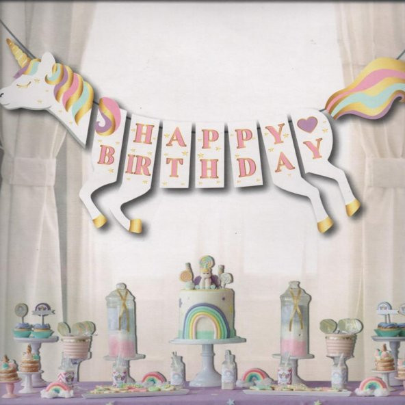 Unicorn Temalı 3D Happy Birthday Banner - 2