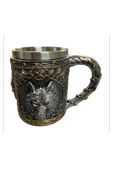 NETAVANTAJ Mitolojik Kurt Figürlü Gold Detaylı Çelik Kupa - 2