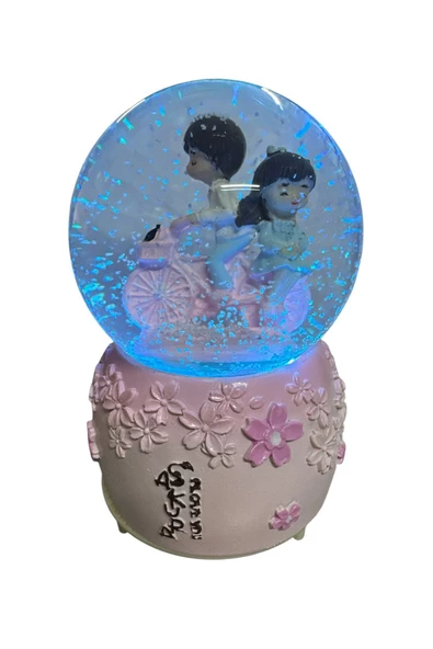 NETAVANTAJ Pembe Bisikletli Aşıklar Müzikli Işıklı Püskürtmeli Büyük Boy Kar Küresi - 2