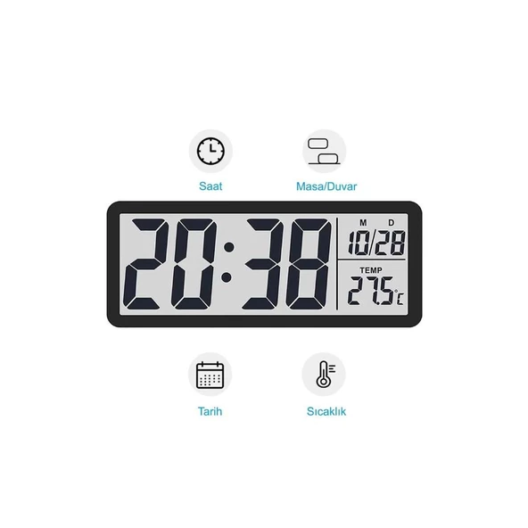 Alfalink LCD Ekran Dijital Duvar Saati USB Pilli 20x8cm Zaman Sıcaklık Tarih - 4