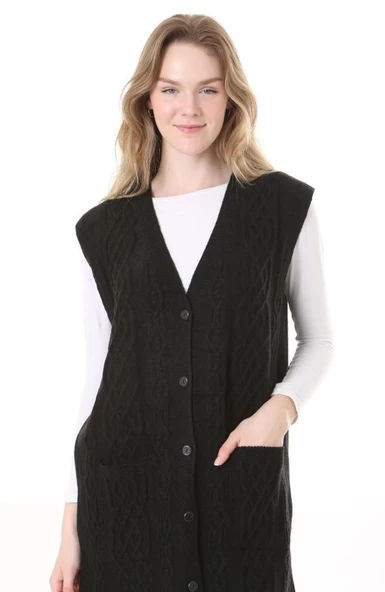 Kadın Yün Kışlık Anne Uzun Triko Yelek - 3