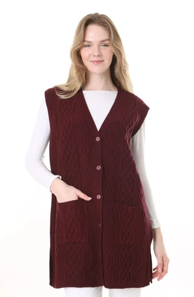 Kadın Yün Kışlık Anne Uzun Triko Yelek - 10