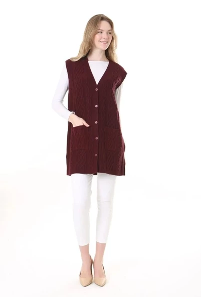 Kadın Yün Kışlık Anne Uzun Triko Yelek - 9