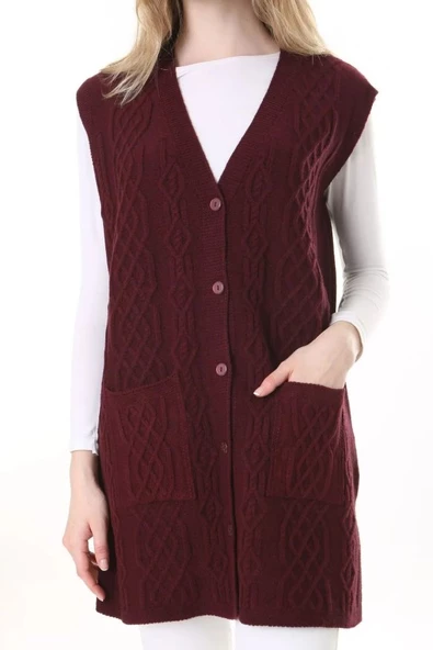 Kadın Yün Kışlık Anne Uzun Triko Yelek - 8